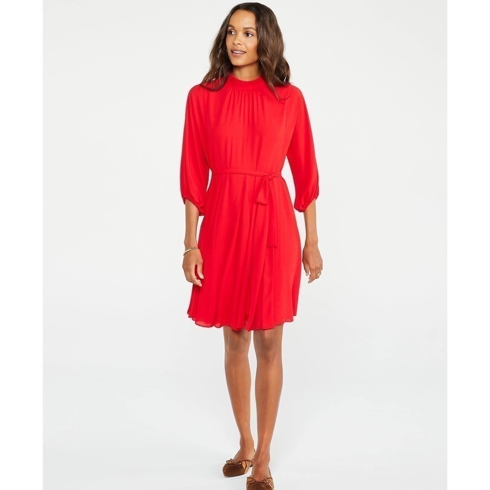 Ann Taylor Mock Neck Belted Pleated Dress Candy Red XS Holiday Christmas Evening